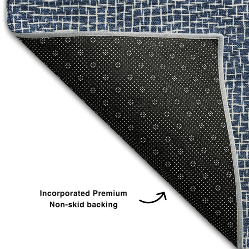 5' X 8' Navy Blue And Ivory Geometric Washable Area Rug With UV Protection