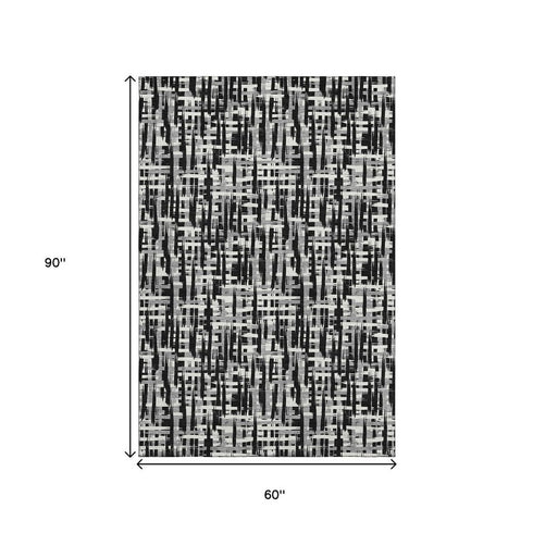 5' X 8' Black Ivory And Gray Abstract Geometric Washable Area Rug With UV Protection