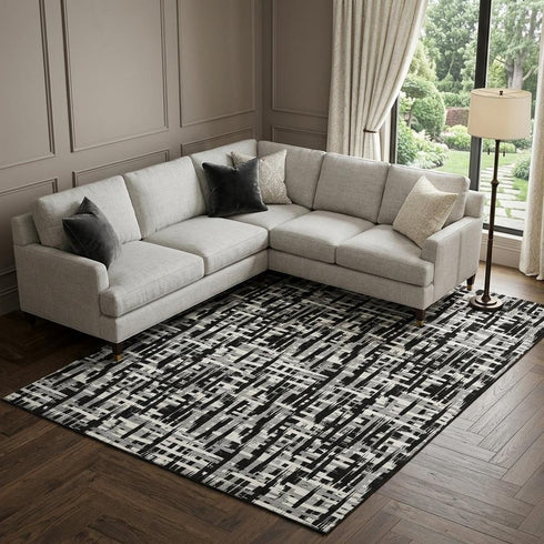 9' X 12' Black Ivory And Gray Abstract Geometric Washable Area Rug With UV Protection