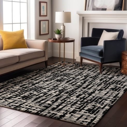 9' X 12' Black Ivory And Gray Abstract Geometric Washable Area Rug With UV Protection