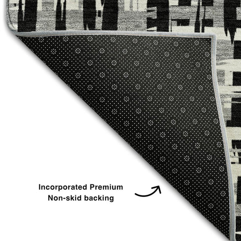 9' X 12' Black Ivory And Gray Abstract Geometric Washable Area Rug With UV Protection