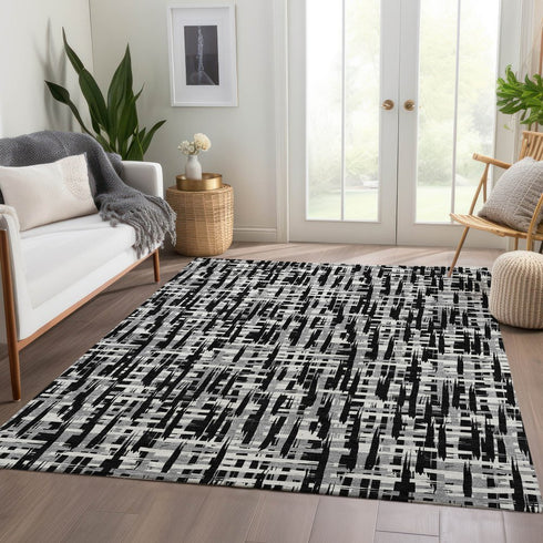 9' X 12' Black Ivory And Gray Abstract Geometric Washable Area Rug With UV Protection