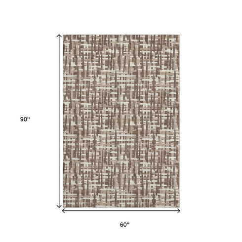 5' X 8' Brown Beige And Ivory Abstract Geometric Washable Area Rug With UV Protection