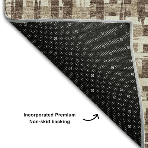 5' X 8' Brown Beige And Ivory Abstract Geometric Washable Area Rug With UV Protection