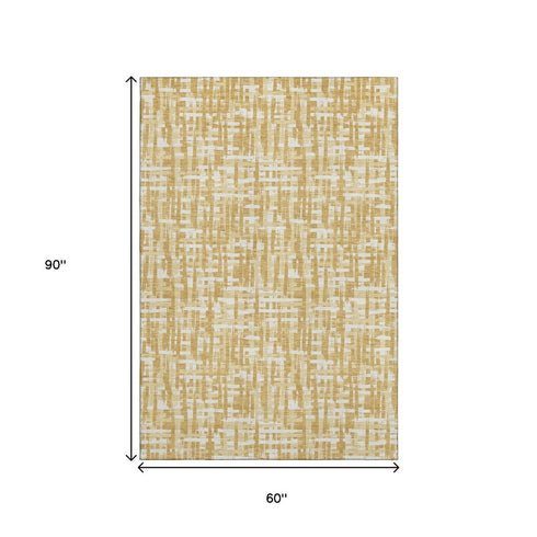 5' X 8' Gold Ivory And Wheat Abstract Geometric Washable Area Rug With UV Protection