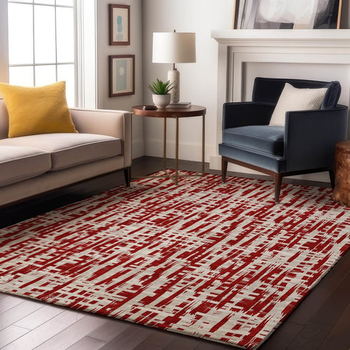 8' X 10' Red Beige And Ivory Abstract Geometric Washable Area Rug With UV Protection