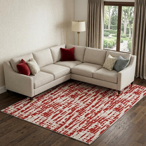 9' X 12' Red Beige And Ivory Abstract Geometric Washable Area Rug With UV Protection