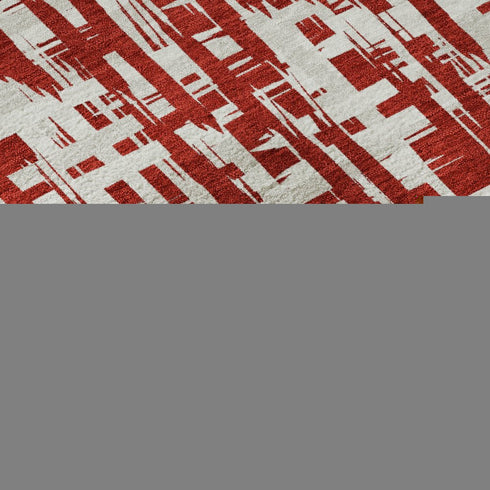 9' X 12' Red Beige And Ivory Abstract Geometric Washable Area Rug With UV Protection