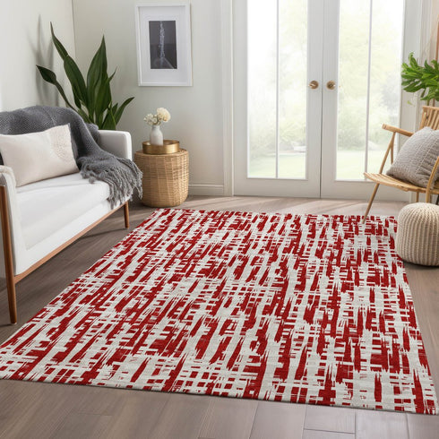 9' X 12' Red Beige And Ivory Abstract Geometric Washable Area Rug With UV Protection