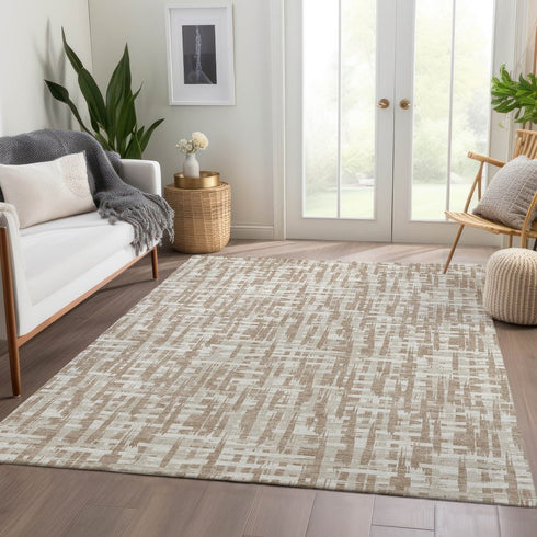 8' X 10' Tan Beige And Ivory Abstract Geometric Washable Area Rug With UV Protection