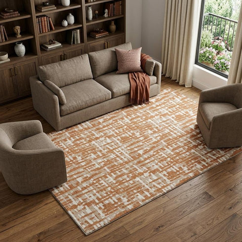8' X 10' Terra Cotta Ivory And Beige Abstract Geometric Washable Area Rug With UV Protection