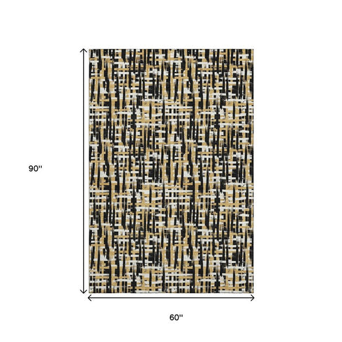 5' X 8' Black Ivory And Gold Abstract Geometric Washable Area Rug With UV Protection