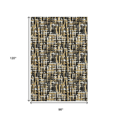 8' X 10' Black Ivory And Gold Abstract Geometric Washable Area Rug With UV Protection