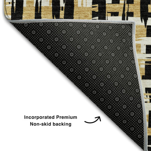 8' X 10' Black Ivory And Gold Abstract Geometric Washable Area Rug With UV Protection