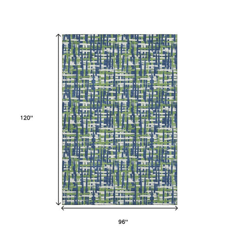 8' X 10' Navy Blue Ivory And Green Abstract Geometric Washable Area Rug With UV Protection