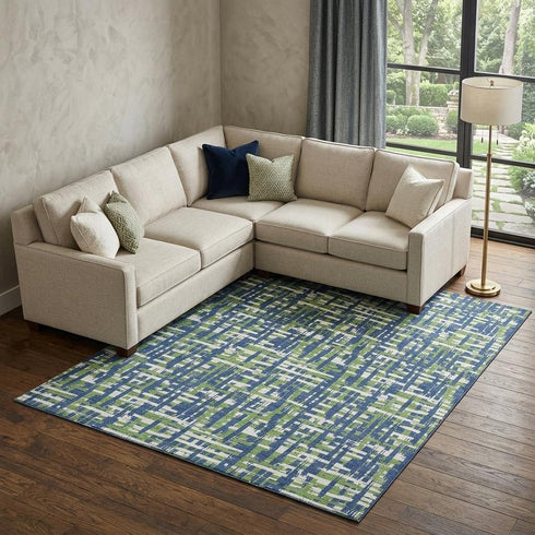 8' X 10' Navy Blue Ivory And Green Abstract Geometric Washable Area Rug With UV Protection