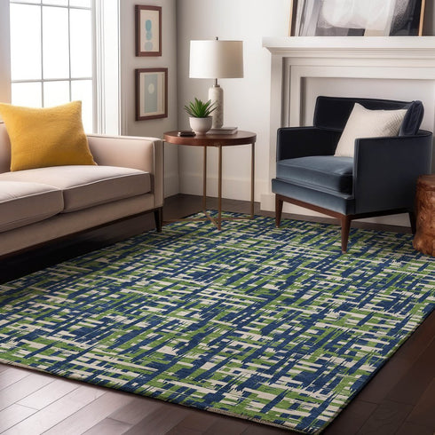 8' X 10' Navy Blue Ivory And Green Abstract Geometric Washable Area Rug With UV Protection