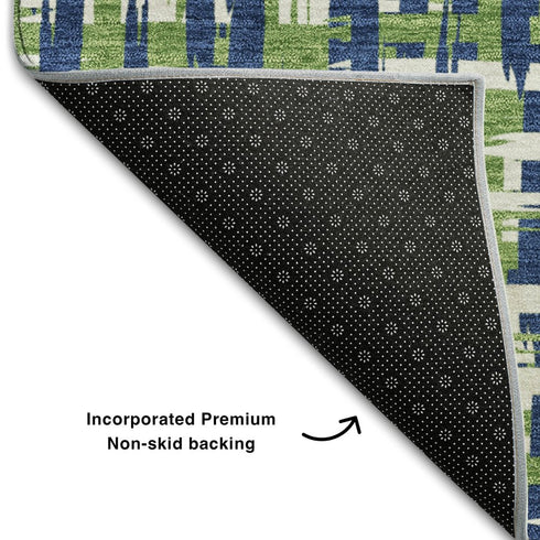 8' X 10' Navy Blue Ivory And Green Abstract Geometric Washable Area Rug With UV Protection