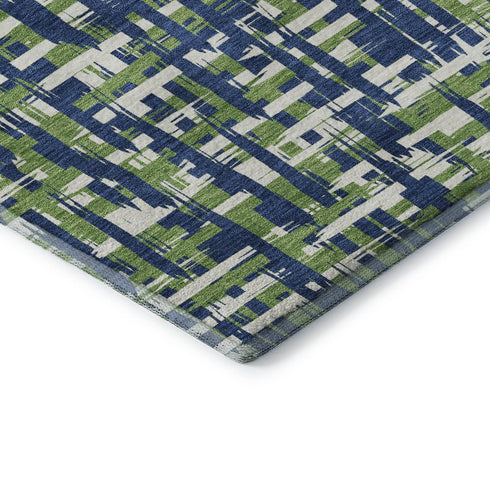 8' X 10' Navy Blue Ivory And Green Abstract Geometric Washable Area Rug With UV Protection