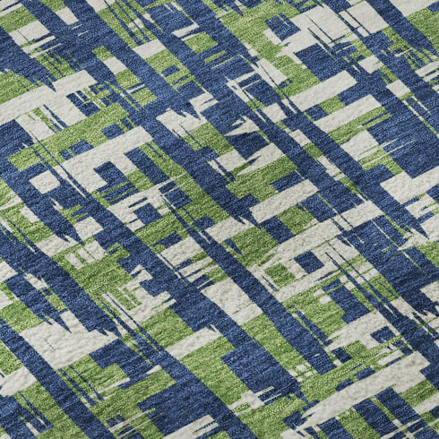 8' X 10' Navy Blue Ivory And Green Abstract Geometric Washable Area Rug With UV Protection