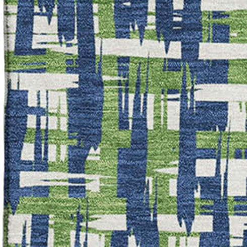 8' X 10' Navy Blue Ivory And Green Abstract Geometric Washable Area Rug With UV Protection