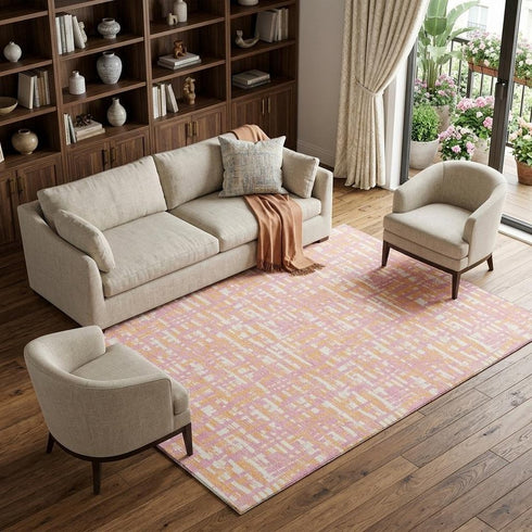 8' X 10' Pink Ivory And Orange Abstract Geometric Washable Area Rug With UV Protection