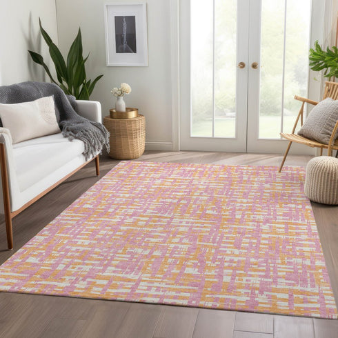 8' X 10' Pink Ivory And Orange Abstract Geometric Washable Area Rug With UV Protection