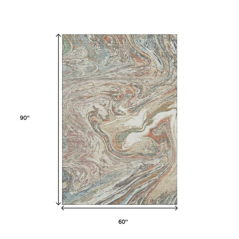 5' X 8' Beige Copper And Green Abstract Washable Area Rug With UV Protection