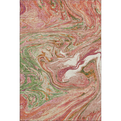 5' X 8' Coral Green And Peach Abstract Washable Area Rug With UV Protection