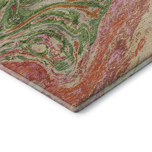 5' X 8' Coral Green And Peach Abstract Washable Area Rug With UV Protection