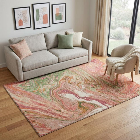 5' X 8' Coral Green And Peach Abstract Washable Area Rug With UV Protection
