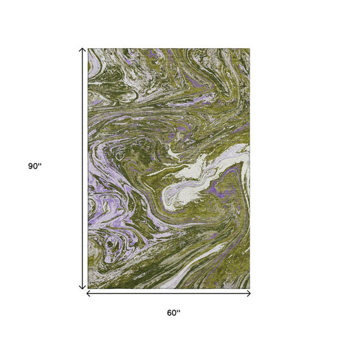 5' X 8' Olive Green Purple And Ivory Abstract Washable Area Rug With UV Protection