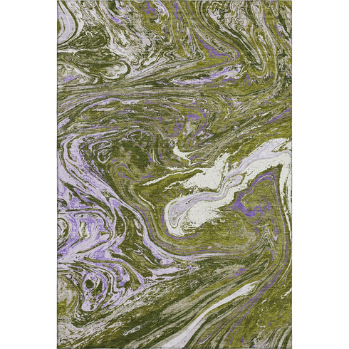 5' X 8' Olive Green Purple And Ivory Abstract Washable Area Rug With UV Protection