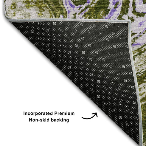 5' X 8' Olive Green Purple And Ivory Abstract Washable Area Rug With UV Protection