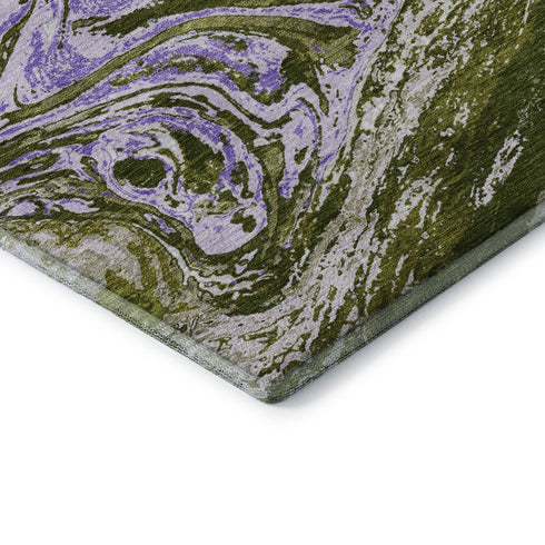 5' X 8' Olive Green Purple And Ivory Abstract Washable Area Rug With UV Protection