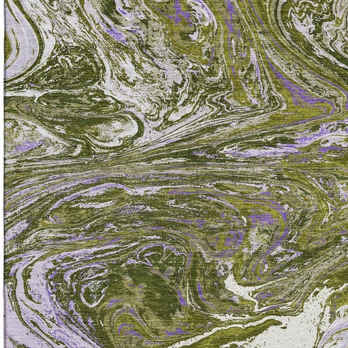 5' X 8' Olive Green Purple And Ivory Abstract Washable Area Rug With UV Protection