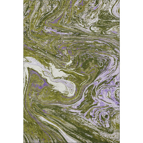 5' X 8' Olive Green Purple And Ivory Abstract Washable Area Rug With UV Protection