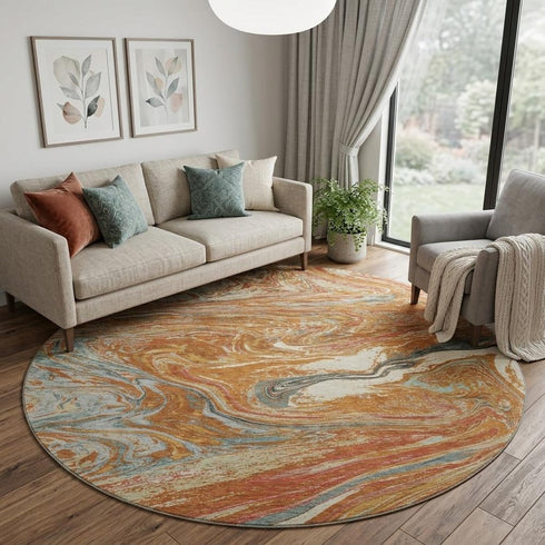 8' Rust Gray And Ivory Abstract Washable Round Rug With UV Protection