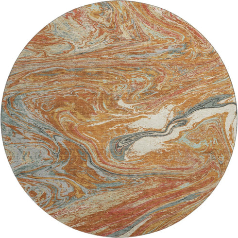 8' Rust Gray And Ivory Abstract Washable Round Rug With UV Protection