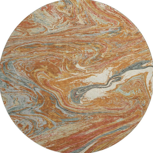 8' Rust Gray And Ivory Abstract Washable Round Rug With UV Protection