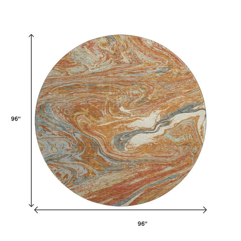8' Rust Gray And Ivory Abstract Washable Round Rug With UV Protection