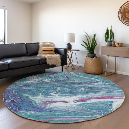 8' Teal Purple And Ivory Abstract Washable Round Rug With UV Protection