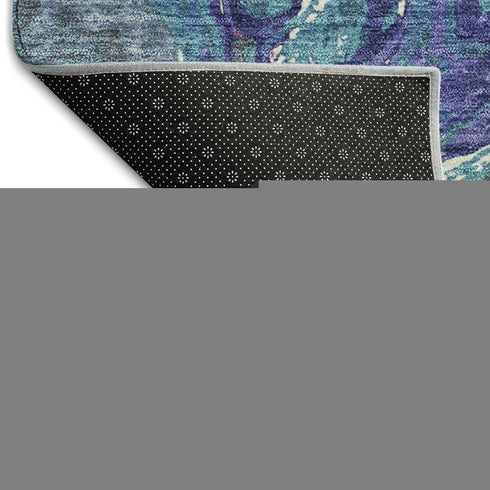 8' Teal Purple And Ivory Abstract Washable Round Rug With UV Protection