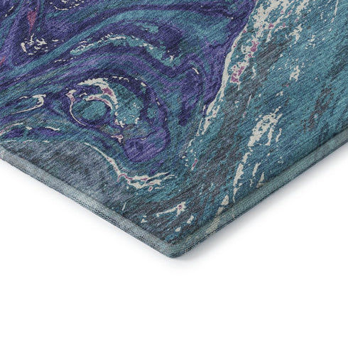8' Teal Purple And Ivory Abstract Washable Round Rug With UV Protection