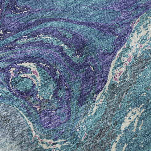 8' Teal Purple And Ivory Abstract Washable Round Rug With UV Protection
