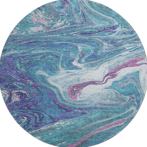 8' Teal Purple And Ivory Abstract Washable Round Rug With UV Protection