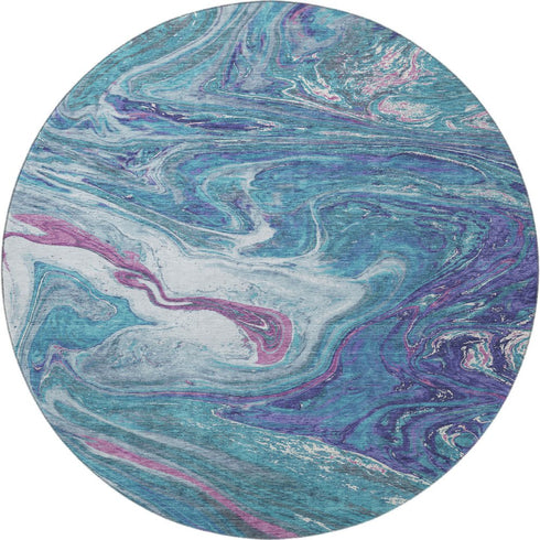 8' Teal Purple And Ivory Abstract Washable Round Rug With UV Protection