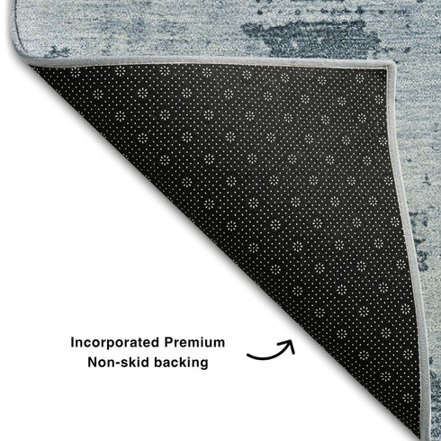 5' X 8' Denim Blue And Ivory Abstract Washable Area Rug With UV Protection