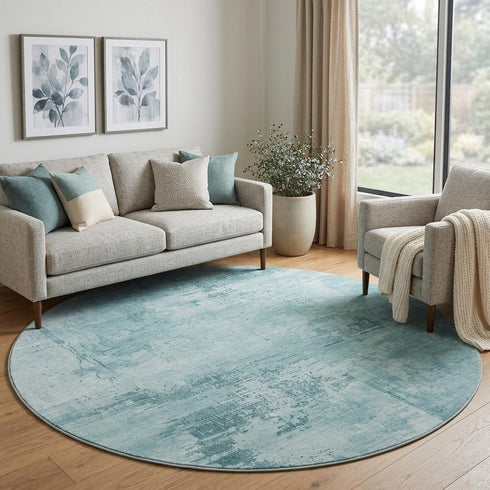 8' Aqua And Sky Blue Abstract Washable Round Rug With UV Protection