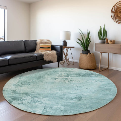 8' Aqua And Sky Blue Abstract Washable Round Rug With UV Protection
